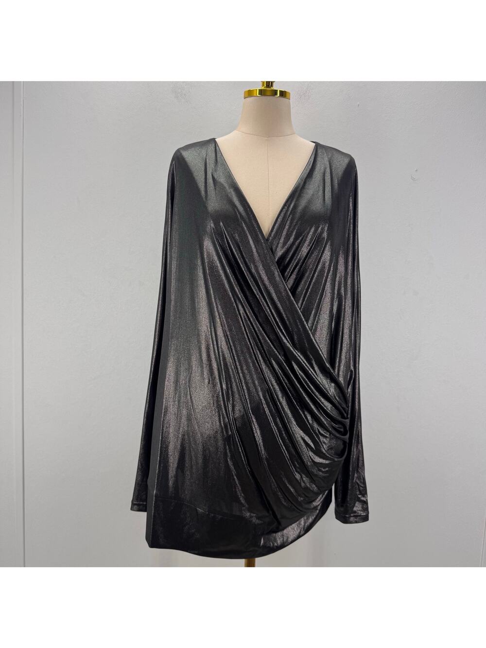 NWT Marina Rinaldi Metallic Faux Wrap Top Blouse US 20-22/XL Chrome Glams Party